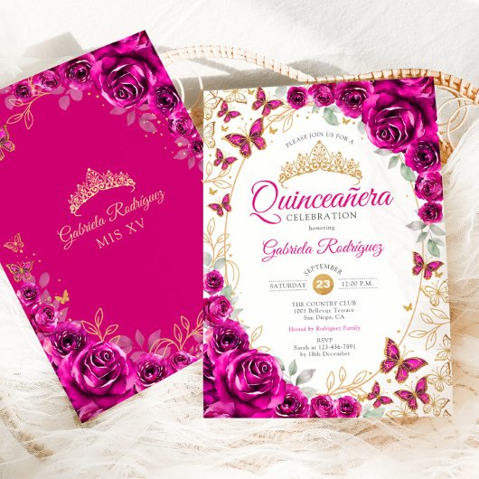 Fuchsia Pink Gold Floral Quinceanera Kaart