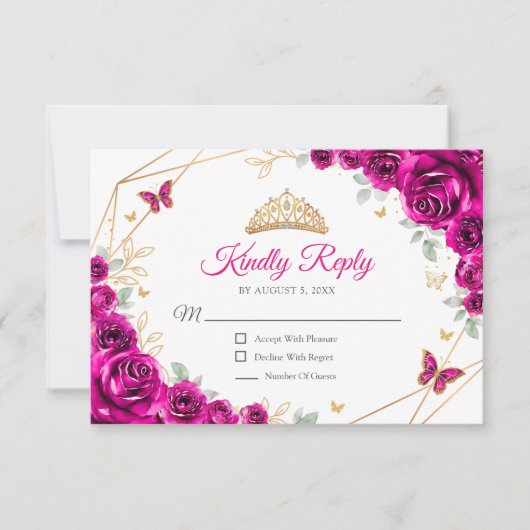 Fuchsia Pink Gold Floral Quinceanera Reply RSVP Kaartje (Voorkant)