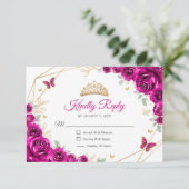 Fuchsia Pink Gold Floral Quinceanera Reply RSVP Kaartje (Staand voorkant)