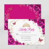 Fuchsia Pink Gold Floral Quinceanera Reply RSVP Kaartje (Voorkant / Achterkant)