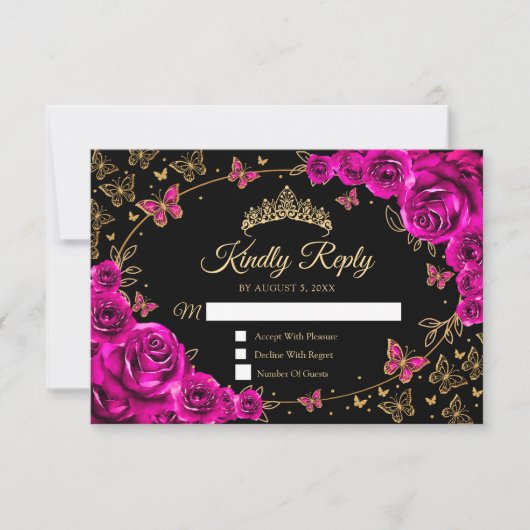 Fuchsia Pink Gold Quinceanera Reply RSVP Kaartje (Voorkant)