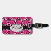 Fuchsia Pink Grey Parisian Damask Monogram Bagagelabel (Voorkant horizontaal)