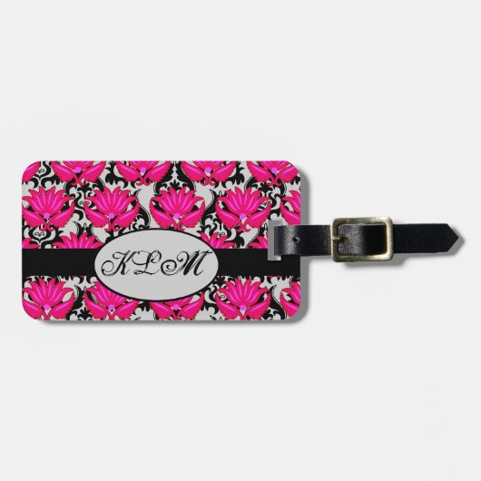 Fuchsia Pink Grey Parisian Damask Monogram Bagagelabel (Voorkant horizontaal)
