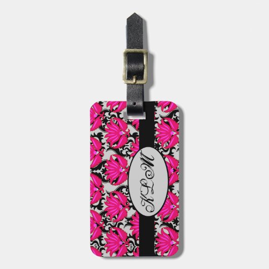 Fuchsia Pink Grey Parisian Damask Monogram Bagagelabel (Voorkant verticaal)