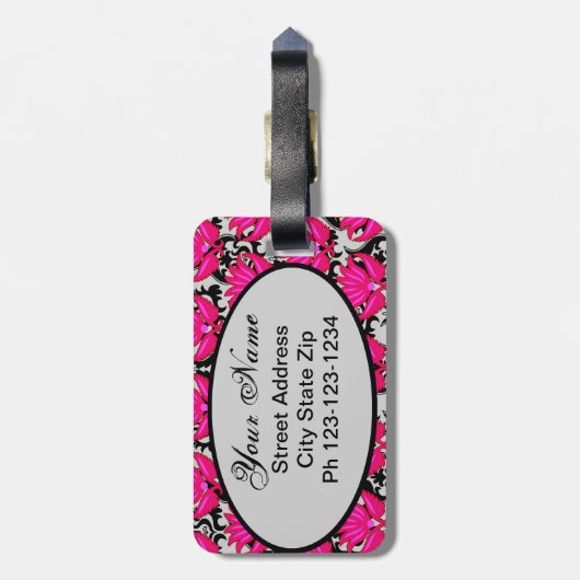 Fuchsia Pink Grey Parisian Damask Monogram Bagagelabel (Achterkant verticaal)