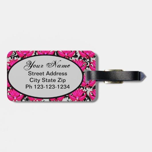 Fuchsia Pink Grey Parisian Damask Monogram Bagagelabel (Achterkant horizontaal)