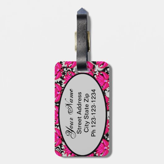 Fuchsia Pink Grey Parisian Damask Monogram Bagagelabel (Achterkant verticaal)