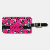 Fuchsia Pink Grey Parisian Damask Monogram Bagagelabel (Voorkant horizontaal)