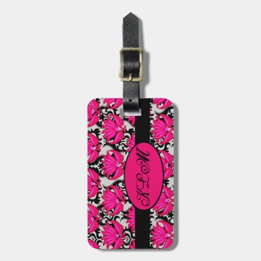 Fuchsia Pink Grey Parisian Damask Monogram Bagagelabel (Voorkant verticaal)