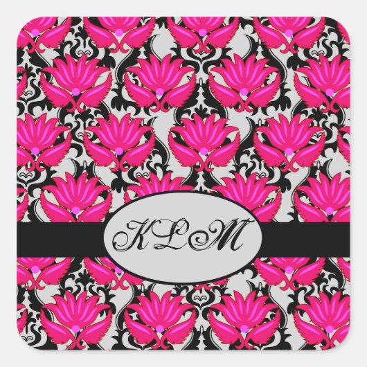 Fuchsia Pink Grey Parisian Damask Monogram Vierkante Sticker (Voorkant)