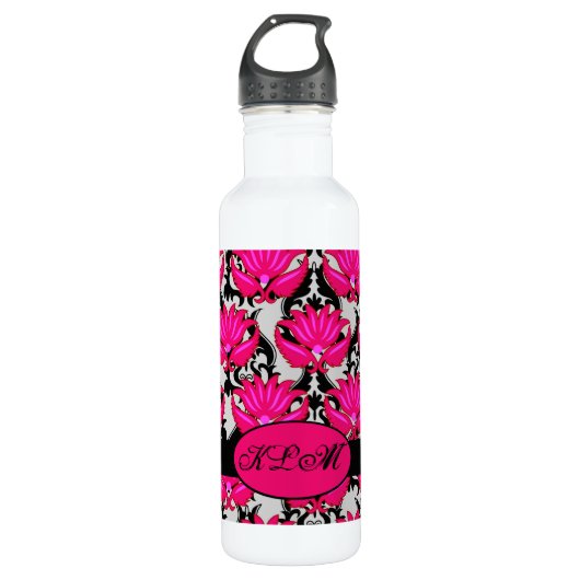 Fuchsia Pink Grey Parisian Damask Monogram Waterfles (Voorkant)