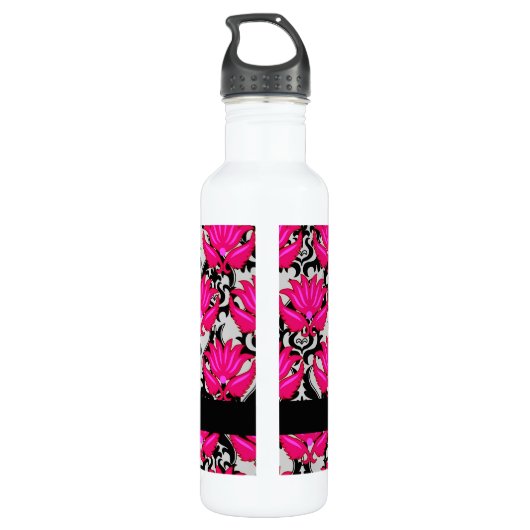 Fuchsia Pink Grey Parisian Damask Monogram Waterfles (Achterkant)