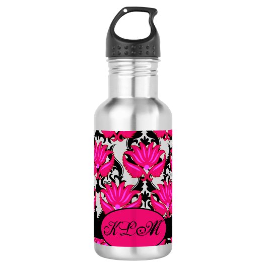Fuchsia Pink Grey Parisian Damask Monogram Waterfles (Voorkant)
