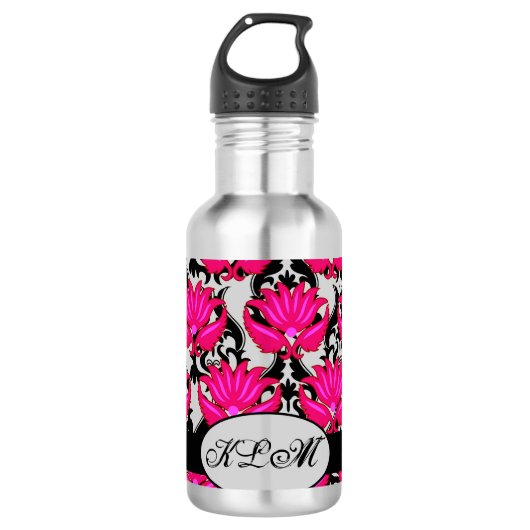 Fuchsia Pink Grey Parisian Damask Monogram Waterfles (Voorkant)