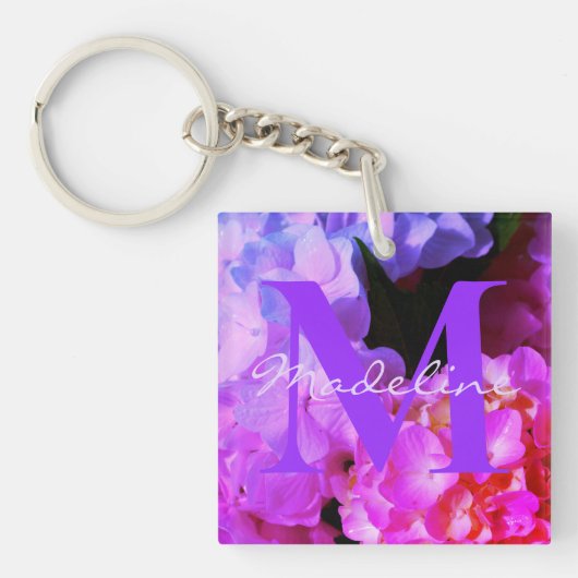 Fuchsia Pink Hydrangeas voor haar monogram Sleutelhanger (Voorkant)