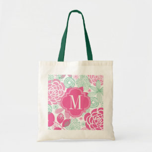 Fuchsia Pink Mint Green Girly Floral Tote Bag