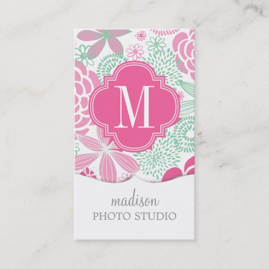 Fuchsia Pink Mint Green Girly Floral Visitekaartje (Voorkant)