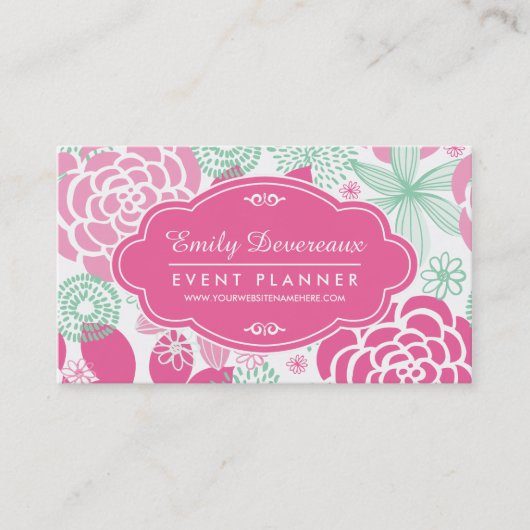 Fuchsia Pink Mint Green Girly Floral Visitekaartje (Voorkant)