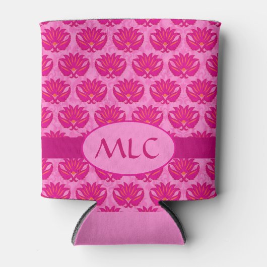Fuchsia Pink Modern Art Nouveau Damask Monogram Blikjeskoeler (Voorkant)