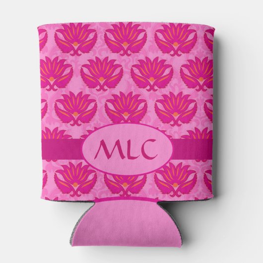 Fuchsia Pink Modern Art Nouveau Damask Monogram Blikjeskoeler (Achterkant)