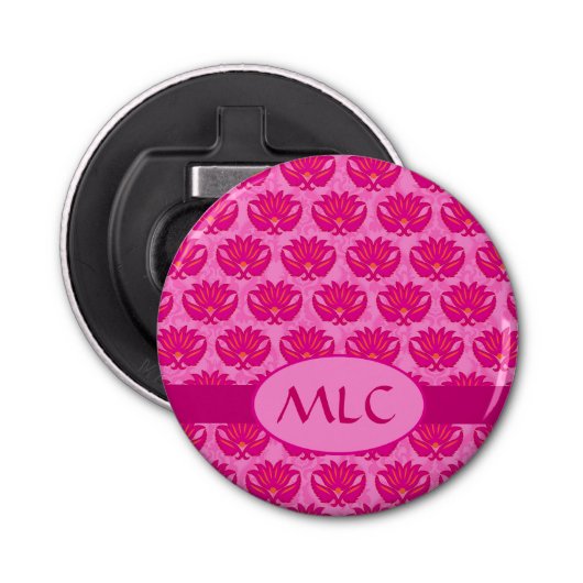 Fuchsia Pink Modern Art Nouveau Damask Monogram Button Flesopener (Voorkant)