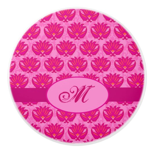 Fuchsia Pink Modern Art Nouveau Damask Monogram Keramische Knop (Voorkant)