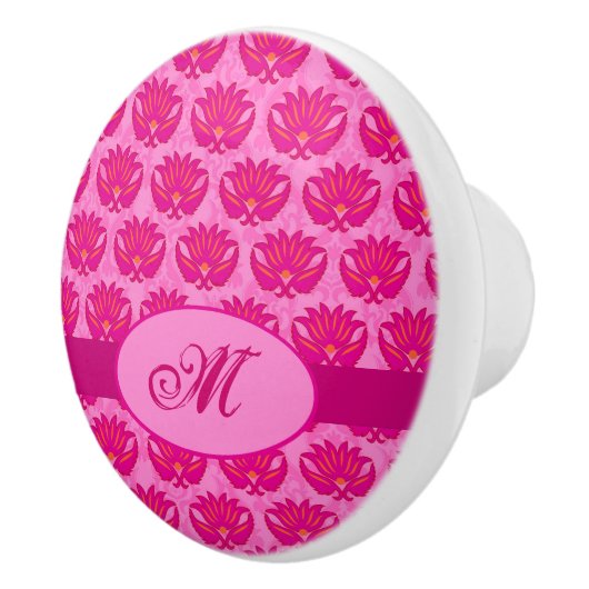 Fuchsia Pink Modern Art Nouveau Damask Monogram Keramische Knop (Rechts)