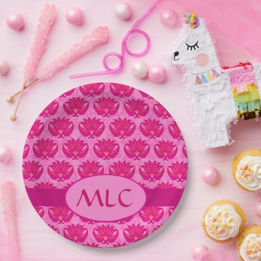 Fuchsia Pink Modern Art Nouveau Damask Monogram Papieren Bordje (Feest)