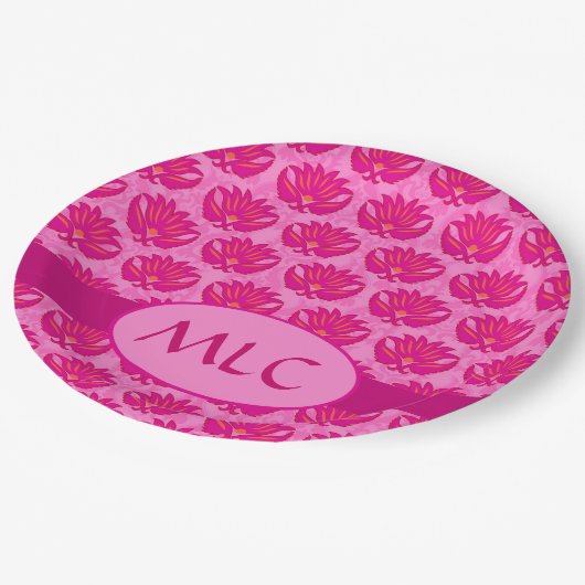 Fuchsia Pink Modern Art Nouveau Damask Monogram Papieren Bordje (Gekanteld)