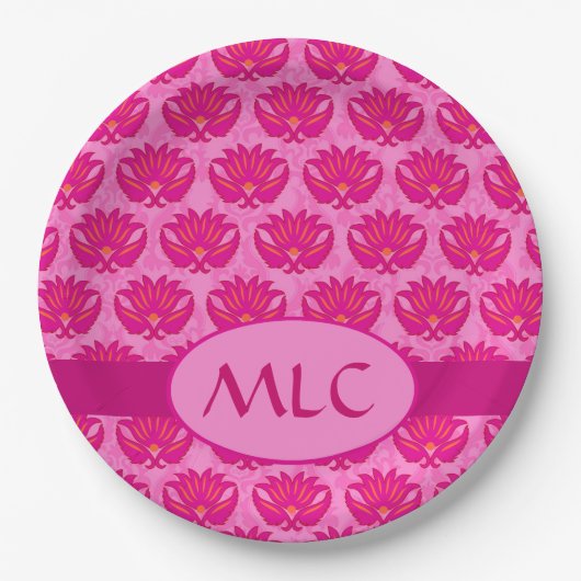 Fuchsia Pink Modern Art Nouveau Damask Monogram Papieren Bordje (Voorkant)