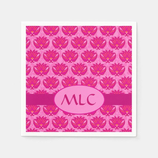 Fuchsia Pink Modern Art Nouveau Damask Monogram Servetten (Voorkant)