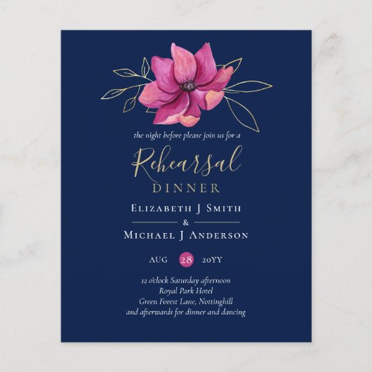 Fuchsia Pink Navy Blue Rehearsal Dinner BUDGET (Voorkant)