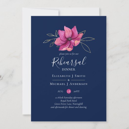 Fuchsia Pink Navy Blue Rehearsal Dinner Kaart (Voorkant)