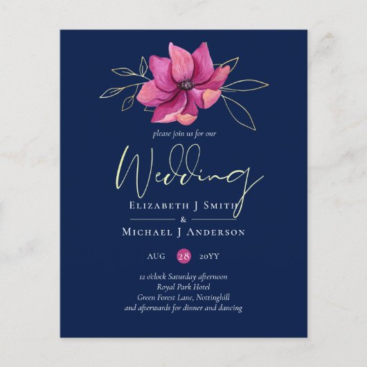 Fuchsia Pink Navy Blue Wedding nodigt budgettair u (Voorkant)