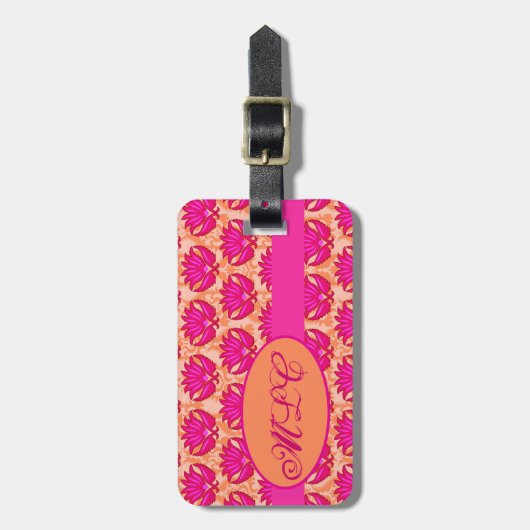 Fuchsia Pink Oranje Art Nouveau Damask Monogram Bagagelabel (Voorkant verticaal)