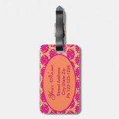 Fuchsia Pink Oranje Art Nouveau Damask Monogram Bagagelabel (Achterkant verticaal)