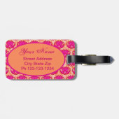 Fuchsia Pink Oranje Art Nouveau Damask Monogram Bagagelabel (Achterkant horizontaal)