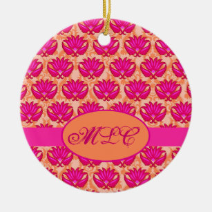 Fuchsia Pink Oranje Art Nouveau Damask Monogram Keramisch Ornament