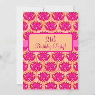 Fuchsia Pink Oranje Damask 21st Birthday Party Kaart