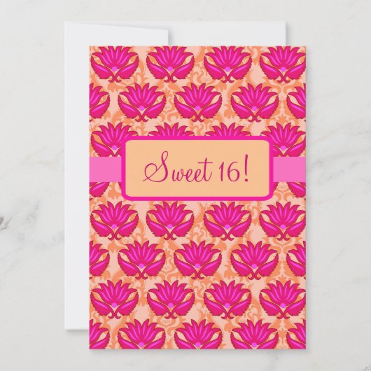 Fuchsia Pink Oranje Damask Sweet 16 Birthday Party Kaart (Voorkant)