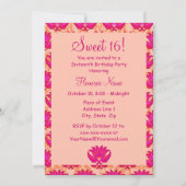 Fuchsia Pink Oranje Damask Sweet 16 Birthday Party Kaart (Achterkant)