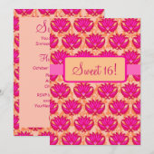 Fuchsia Pink Oranje Damask Sweet 16 Birthday Party Kaart (Voorkant / Achterkant)
