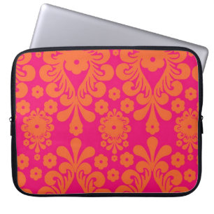 Fuchsia Pink Oranje  Damaspatroon Laptop Sleeve