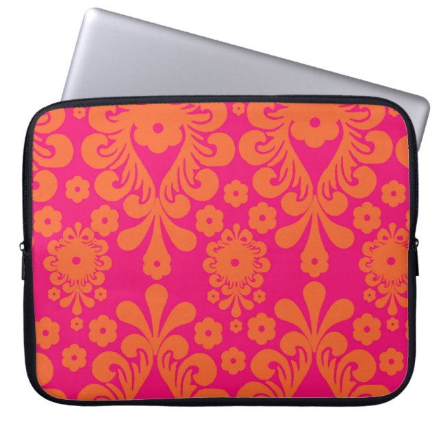 Fuchsia Pink Oranje  Damaspatroon Laptop Sleeve (Voorkant)