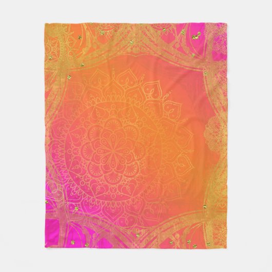 Fuchsia Pink Oranje & Gold Indian Mandala Glam Fleece Deken (Voorkant)
