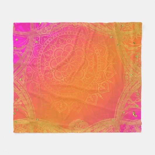 Fuchsia Pink Oranje & Gold Indian Mandala Glam Fleece Deken (Voorkant (Horizontaal))