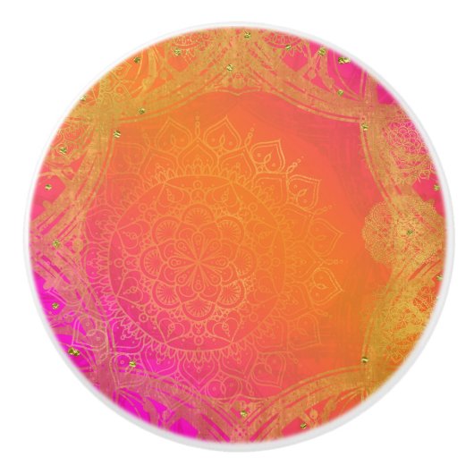Fuchsia Pink Oranje & Gold Indian Mandala Glam Keramische Knop (Voorkant)