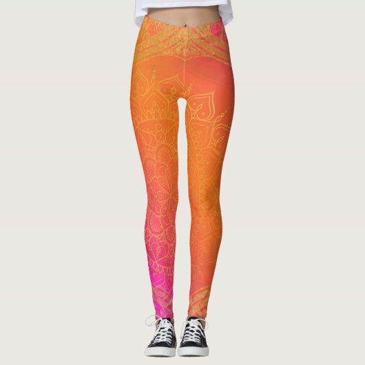 Fuchsia Pink Oranje & Gold Indian Mandala Glam Leggings (Voorkant)