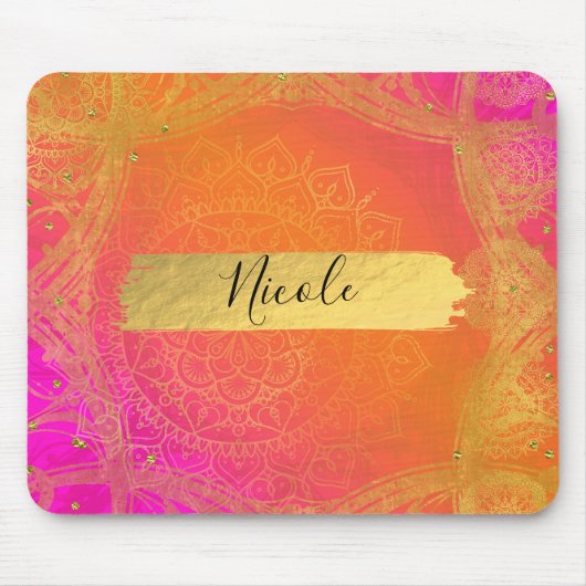 Fuchsia Pink Oranje & Gold Indian Mandala Glam Muismat (Voorkant)
