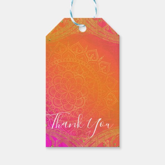Fuchsia Pink Oranje & Gold Indian Mandala Party Cadeaulabel (Voorkant)